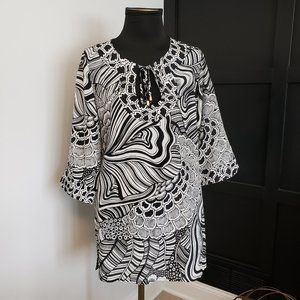 EUC Trina Turk Women's B/W Silk/Cotton Mini Dress Swimsuit Tunic Cover-up Top S